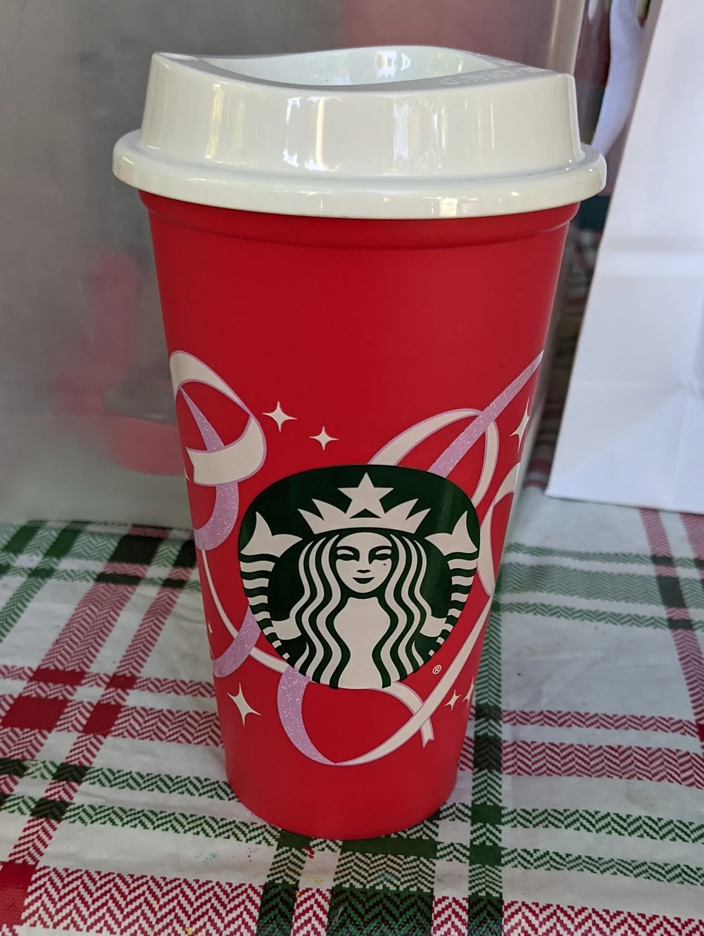 Christmas Starbucks Red Cup Reusable Tumbler Coffee White Lid Travel Holiday